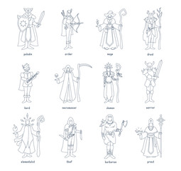 RPG characters classes. Roleplaying game. Armed heroes in costumes. Vector illustration isolated on white background.
