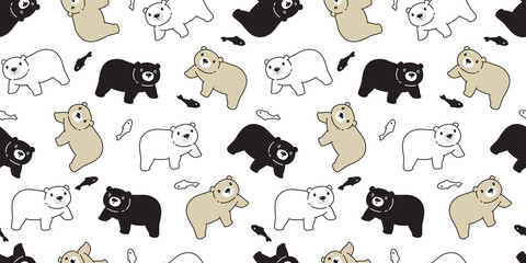Naklejka premium Bear seamless pattern vector polar bear fish salmon scarf isolated cartoon repeat background tile wallpaper illustration doodle design