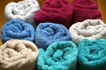 Obraz na płótnie Canvas Warm and soft towels made from natural cotton in different colors