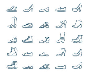 Various shoe design. Outline icons set. Sneakers, loafers, sandals, ballet shoes, cowboy boots, pumps.