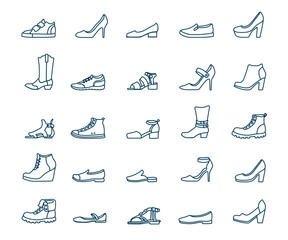 Fototapeta premium Various shoe design. Outline icons set. Sneakers, loafers, sandals, ballet shoes, cowboy boots, pumps.