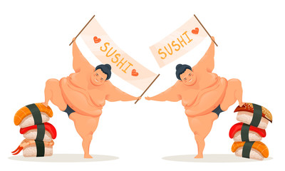 Funny sumo man holding a banner with text. Sushi food advertisement.