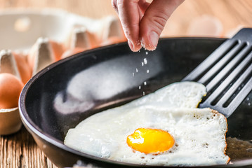 Fried fresh egg on pan. Egg on pan with yolk. Fried eggs