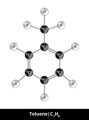 Vector ball-and-stick model of chemical solvent. Icon of toluene molecule C7H8 consisting of carbon and hydrogen. Structural formula suitable for education isolated on a white background.