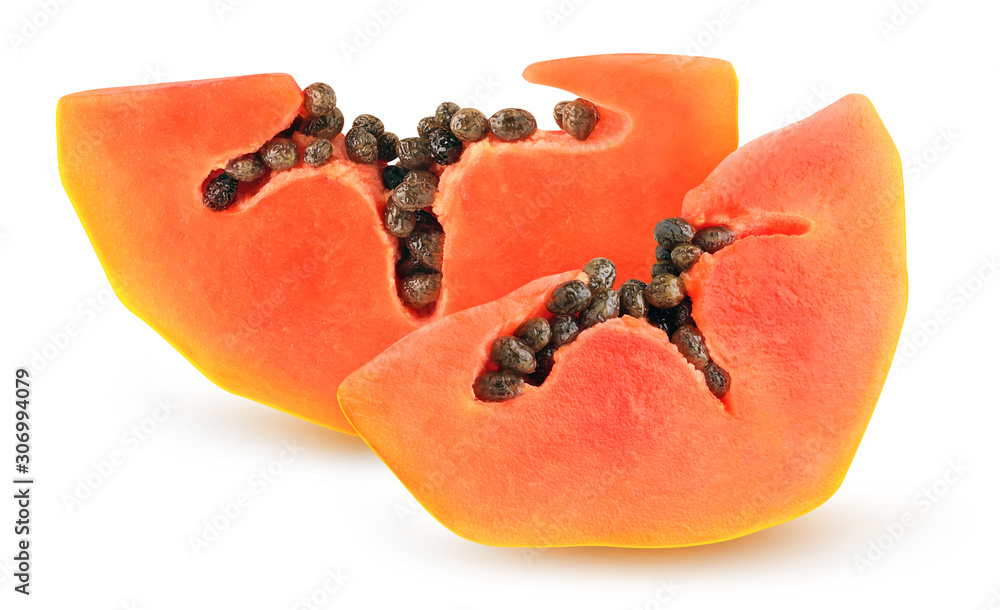 Poster isolated papaya. two pieces of papaya fruit isolated on white background with clipping path