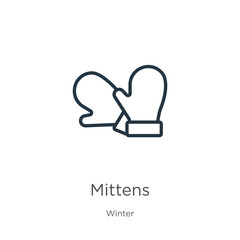 Mittens icon. Thin linear mittens outline icon isolated on white background from winter collection. Line vector mittens sign, symbol for web and mobile