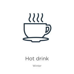 Hot drink icon. Thin linear hot drink outline icon isolated on white background from winter collection. Line vector hot drink sign, symbol for web and mobile