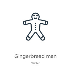 Gingerbread man icon. Thin linear gingerbread man outline icon isolated on white background from winter collection. Line vector gingerbread man sign, symbol for web and mobile
