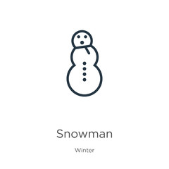 Snowman icon. Thin linear snowman outline icon isolated on white background from winter collection. Line vector snowman sign, symbol for web and mobile