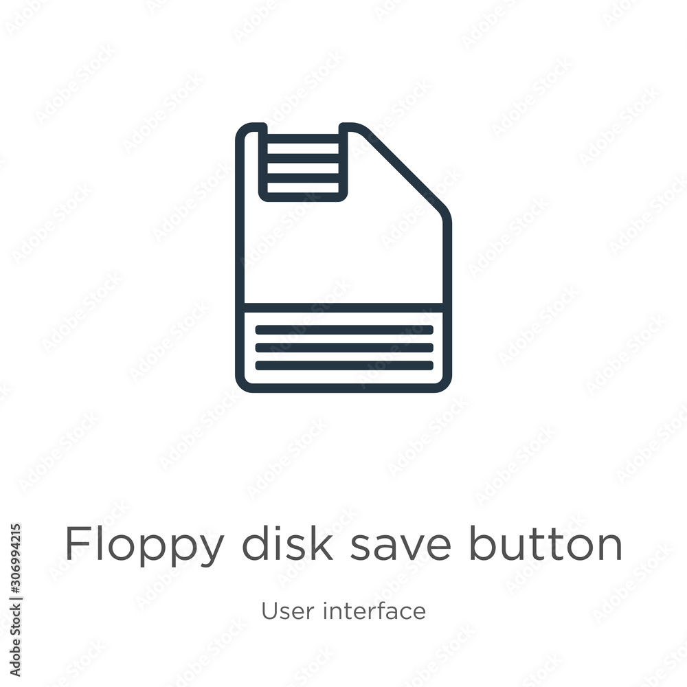 Poster floppy disk save button icon. thin linear floppy disk save button outline icon isolated on white bac