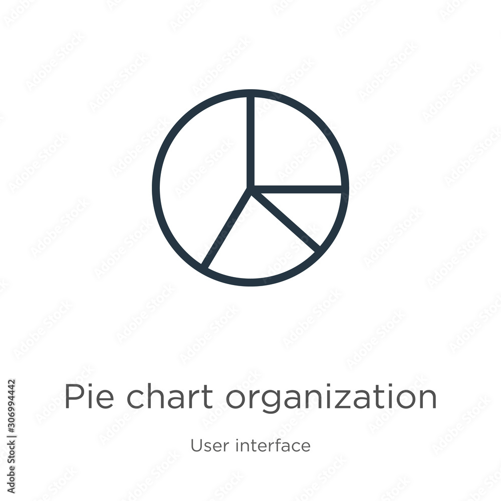 Poster pie chart organization icon. thin linear pie chart organization outline icon isolated on white backg