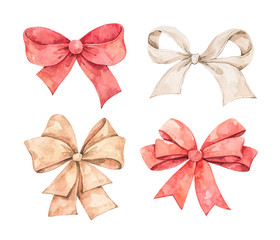 Different types of bows (golden, red, ivory). Watercolor illustration. Perfect for invitations, greeting cards, posters, prints. Illustration in sketch style.