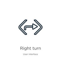 Right turn icon. Thin linear right turn outline icon isolated on white background from user interface collection. Line vector right turn sign, symbol for web and mobile