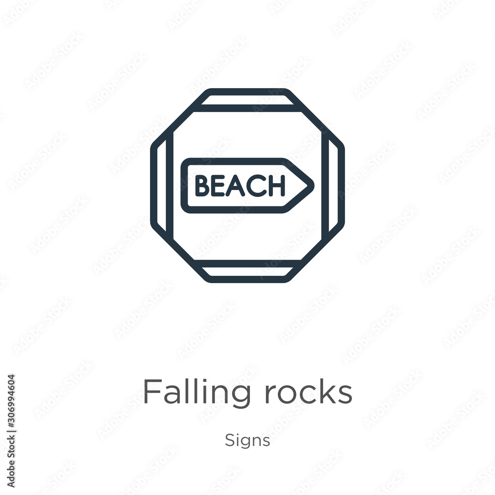 Poster falling rocks icon. thin linear falling rocks outline icon isolated on white background from signs c