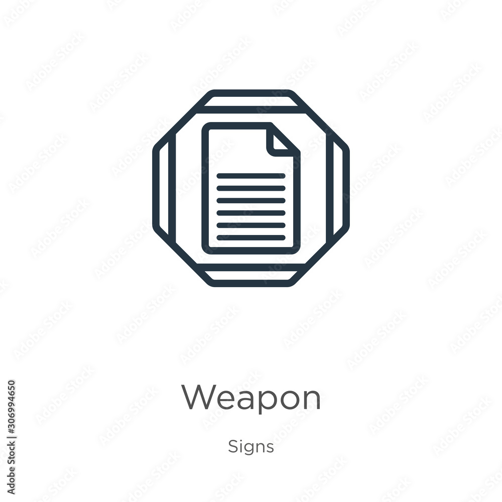 Poster weapon icon. thin linear weapon outline icon isolated on white background from signs collection. lin