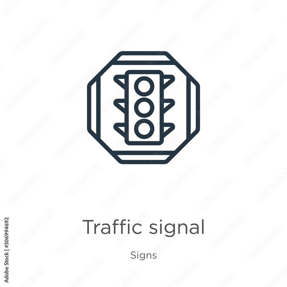 Poster traffic signal icon. thin linear traffic signal outline icon isolated on white background from signs