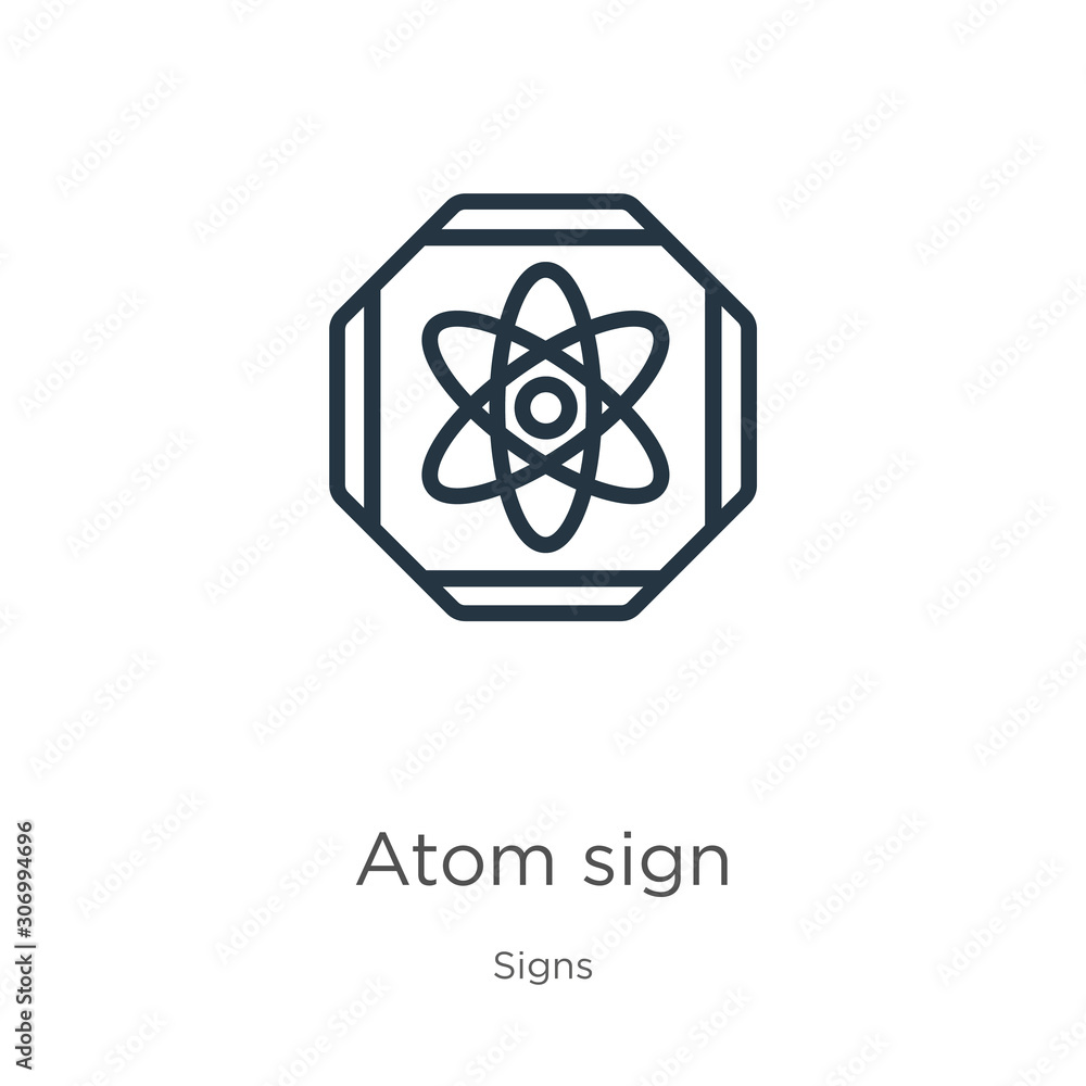 Poster atom sign icon. thin linear atom sign outline icon isolated on white background from signs collectio