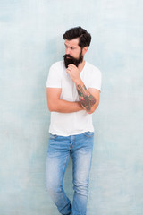 Looking trendy. Summer season fashion trend. sexy brutal macho gray backdrop. Male temper...