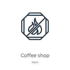 Coffee shop icon. Thin linear coffee shop outline icon isolated on white background from signs collection. Line vector coffee shop sign, symbol for web and mobile