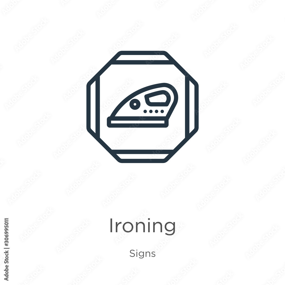 Poster ironing icon. thin linear ironing outline icon isolated on white background from signs collection. l