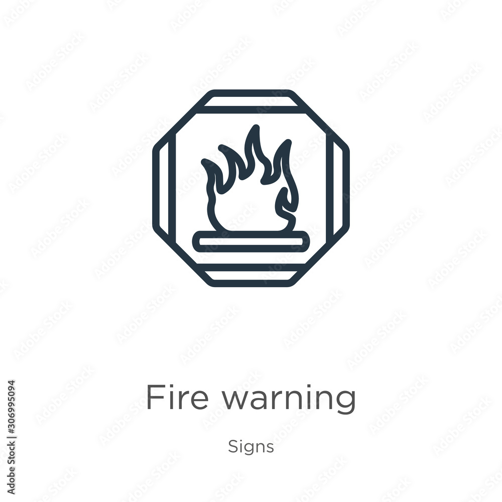 Poster fire warning icon. thin linear fire warning outline icon isolated on white background from signs col