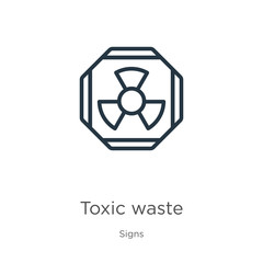 Toxic waste icon. Thin linear toxic waste outline icon isolated on white background from signs collection. Line vector toxic waste sign, symbol for web and mobile