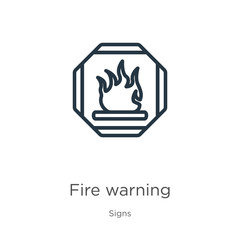Fire warning icon. Thin linear fire warning outline icon isolated on white background from signs collection. Line vector fire warning sign, symbol for web and mobile
