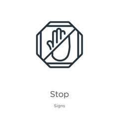 Stop icon. Thin linear stop outline icon isolated on white background from signs collection. Line vector stop sign, symbol for web and mobile