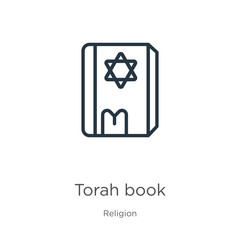 Torah book icon. Thin linear torah book outline icon isolated on white background from religion collection. Line vector torah book sign, symbol for web and mobile