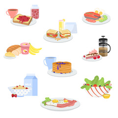 Different types of fresh morning healthy breakfast sets vector illustration