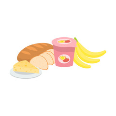 Breakfast with bread, cheese, yogurt and bananas vector illustration