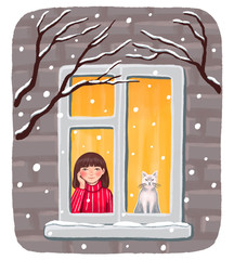Colorful hand drawn illustration. Cozy winter card. Girl with a cat look through the window at the snowfall. Cute drawing isolated on white. Cartoon style. For print, postcards, posters, banners ets.