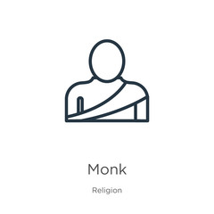 Monk icon. Thin linear monk outline icon isolated on white background from religion collection. Line vector monk sign, symbol for web and mobile