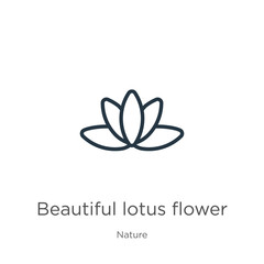 Beautiful lotus flower icon. Thin linear beautiful lotus flower outline icon isolated on white background from nature collection. Line vector beautiful lotus flower sign, symbol for web and mobile