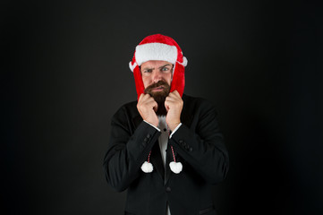 Feeling warmth. Funny winter hat. Business santa wish you financial growth. Business corporate. Man...