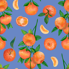 Hand drawn seamless pattern Realistic botanical drawing with acrylic paint. Branch with tangerine fruits, whole, cut and slice of tangerines on blue background. Element for design, wallpaper, wrapping