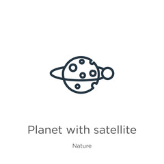 Planet with satellite icon. Thin linear planet with satellite outline icon isolated on white background from nature collection. Line vector planet with satellite sign, symbol for web and mobile