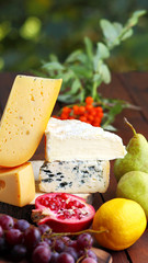 Camembert, brie, hard cheese and grapes on wooden stand. Pieces of different cheeses, pear and lemon on blurred background. Dorblu, soft cheese and pomegranate on boards. Widescreen