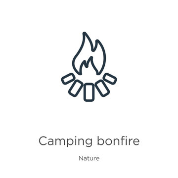 Camping bonfire icon. Thin linear camping bonfire outline icon isolated on white background from nature collection. Line vector camping bonfire sign, symbol for web and mobile