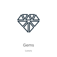 Gems icon. Thin linear gems outline icon isolated on white background from luxury collection. Line vector gems sign, symbol for web and mobile
