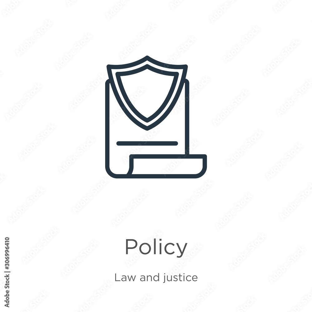 Poster policy icon. thin linear policy outline icon isolated on white background from law and justice colle