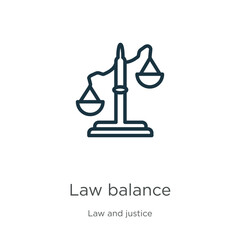 Law balance icon. Thin linear law balance outline icon isolated on white background from law and justice collection. Line vector law balance sign, symbol for web and mobile