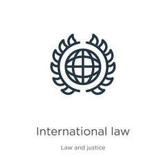 International law icon. Thin linear international law outline icon isolated on white background from law and justice collection. Line vector international law sign, symbol for web and mobile