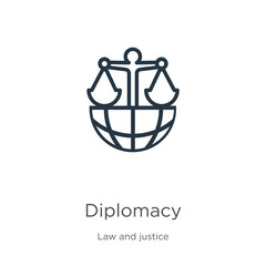 Diplomacy icon. Thin linear diplomacy outline icon isolated on white background from law and justice collection. Line vector diplomacy sign, symbol for web and mobile