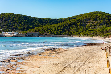 Ses Salines beach in the Ses Salinas National Park of Ibiza and Formentera, Spain.