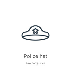 Police hat icon. Thin linear police hat outline icon isolated on white background from law and justice collection. Line vector police hat sign, symbol for web and mobile