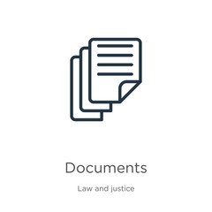 Documents icon. Thin linear documents outline icon isolated on white background from law and justice collection. Line vector documents sign, symbol for web and mobile