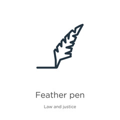 Feather pen icon. Thin linear feather pen outline icon isolated on white background from law and justice collection. Line vector feather pen sign, symbol for web and mobile