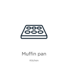 Muffin pan icon. Thin linear muffin pan outline icon isolated on white background from kitchen collection. Line vector muffin pan sign, symbol for web and mobile