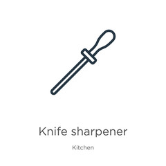 Knife sharpener icon. Thin linear knife sharpener outline icon isolated on white background from kitchen collection. Line vector knife sharpener sign, symbol for web and mobile